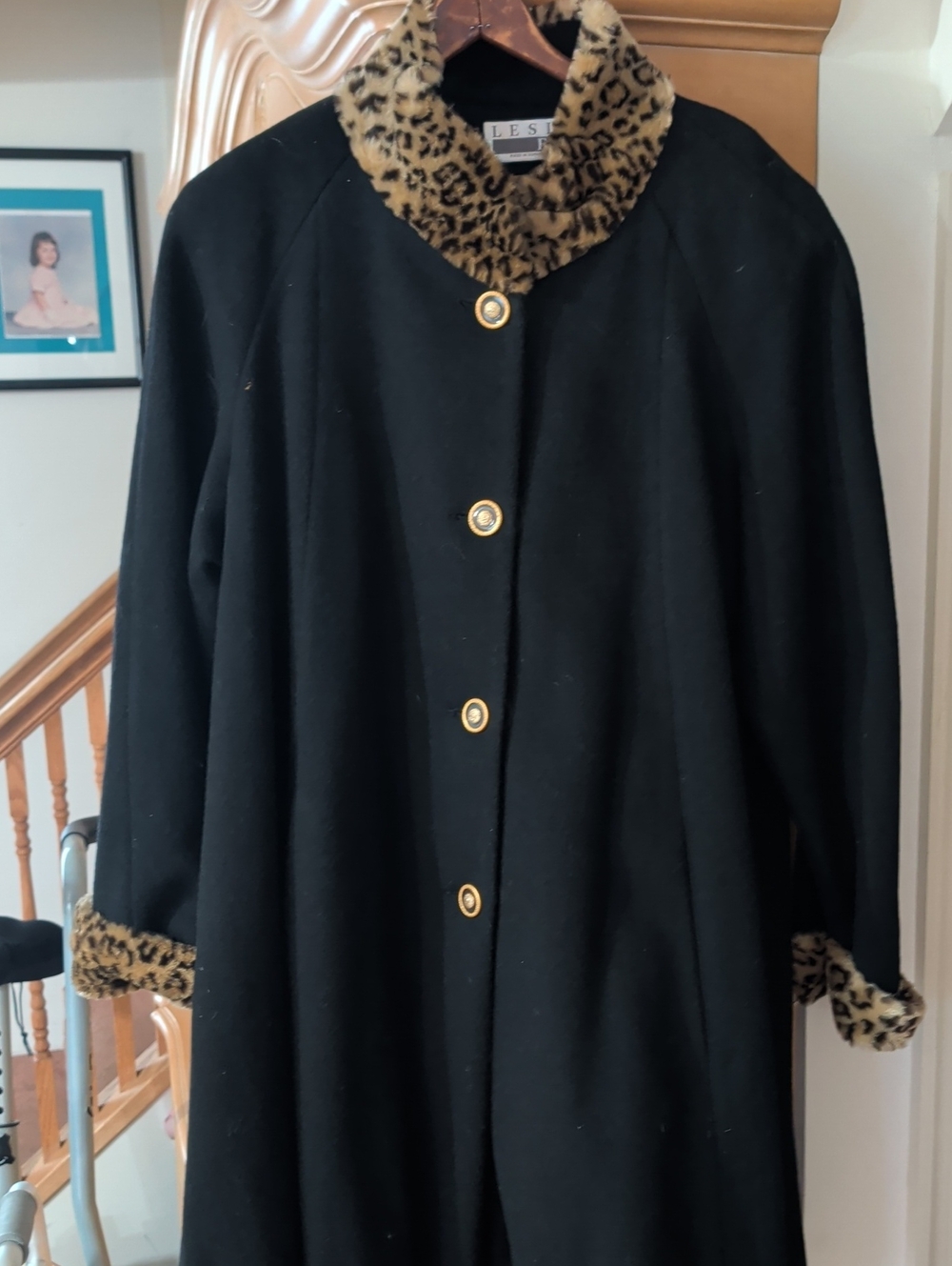 Leslie Fay Black Pea Coat with Leopard Faux-Fur Trim